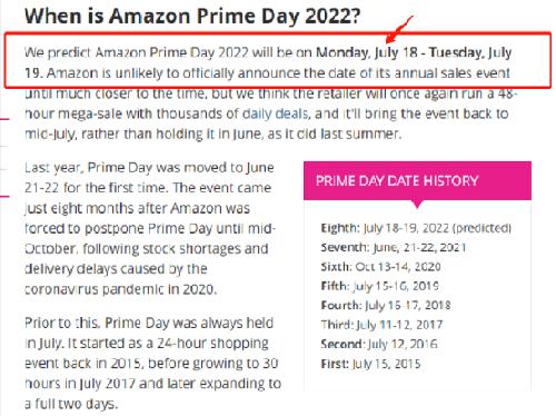 有國外網(wǎng)站還預測Prime Day會員日在2022年7月18-19日